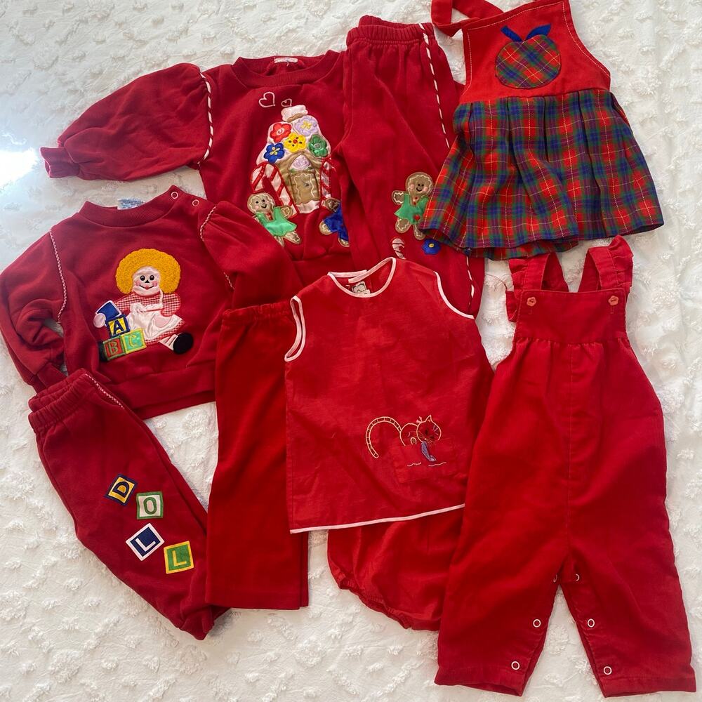 9 Piece Lot Vintage Baby Toddler Girls 12 mo-3T Clothing Christmas Sweats Dress